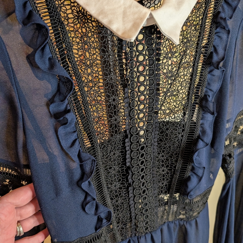 Self Portrait London Georgette And Guipure Lace Blouse Navy Size 4 - Picture 4 of 9